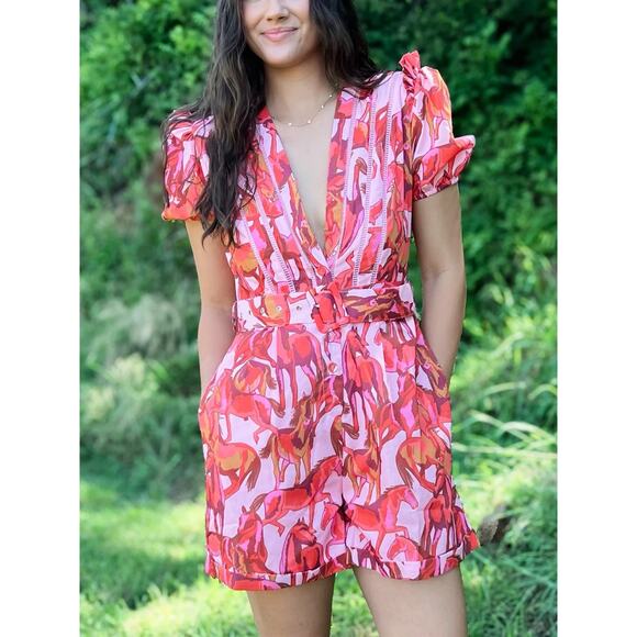 NWT Beulah Palomino Pink Horse Print Western Romper Jumpsuit V Neck L - Picture 1 of 5